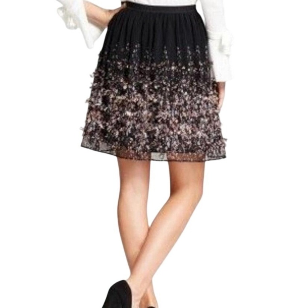 A New Day Black 3D Floral Applique Pleated Tulle Mini Skirt Womens Large L